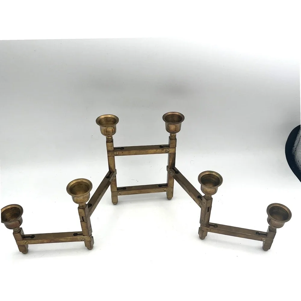 Vtg Danish Modern Brass Accordion Folding Candelabra 6 Light‎ Candle Holder MCM